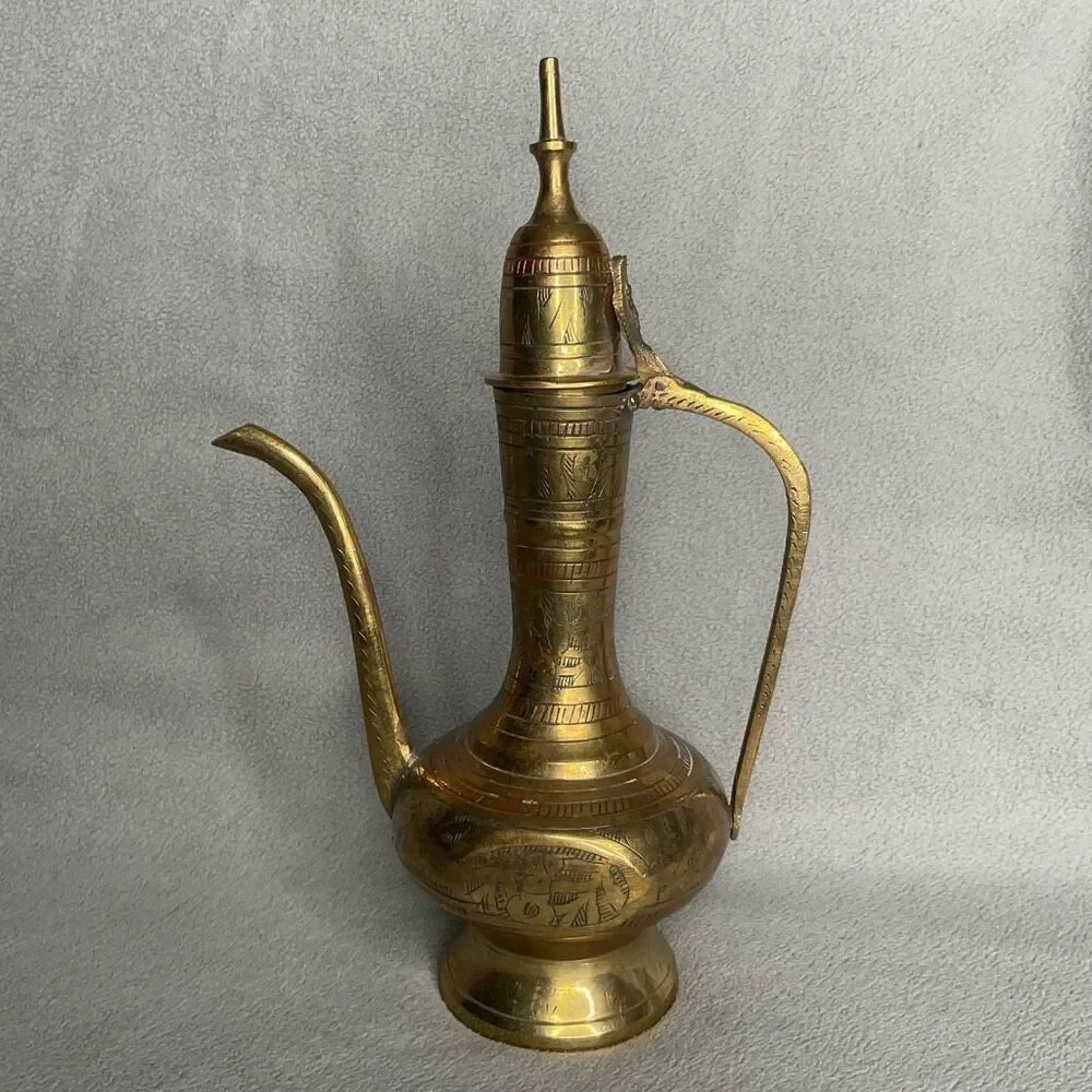 Solid Brass Mini India Tea Pot Pitcher Genie Lamp Etched Vtg  Handle Hinged Lid‎